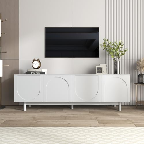 LONELYO Meuble TV Moderne Blanc 175x38x56 cm - Table TV Design Contemporain avec Panneaux Insertion Ajustables, Meuble Bas de Luxe pour Salon