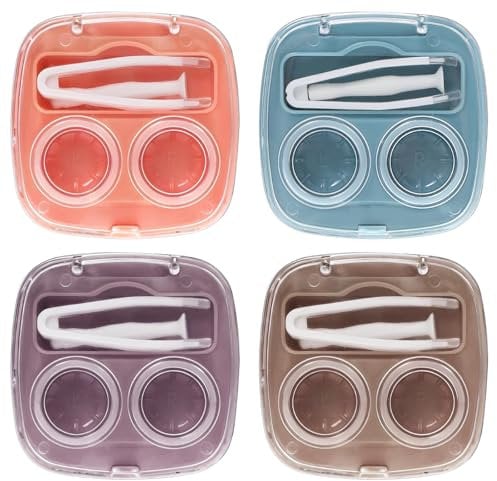 Lusofie 4Pcs Travel Contact Lens, Portable Leakproof Contact Lens Container with Tweezers Remover Tool for Travel & Home(Purple, Orange, Beige, Blue)