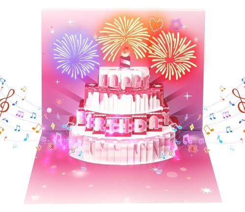Cardaros Geburtstagskarten mit Umschlägen, Feuerwerk 3D Pop-up Kuchen Licht und Musik alles Gute zum Geburtstag Karte Geschenke für Frauen Männer Mama Schwester Papa rosa