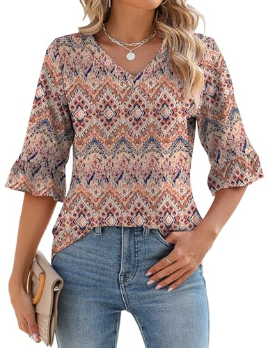 IECCP Damen Bluse 3/4 Ärmel V-Ausschnitt Tunika Sommer Tops Langerm Shirt Langshirt Elegant Lässig Oberteil 2025 Bluse Blumen Boho XL