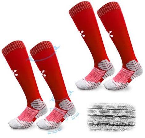 FIBOGOUP 2 Paar Fußballsocken Kinder Herren Stutzen - Fußball Stutzen EU 32-38 - Anti-Rutsch Trainingssocke Stutzenstrumpf - Sportsocken für Fußball, Laufen, Training-Red-M