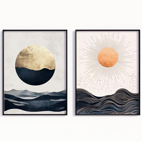 MJ-GRAPHICS® Boho Posterset Goldene Sonne & Wellen Boho Wanddeko Minimalistische Wandkunst Fine Art Natur Deko Wohnzimmer Schlafzimmer Büro Meditationsraum Vintage Wandbild A2-Format, ohne Rahmen