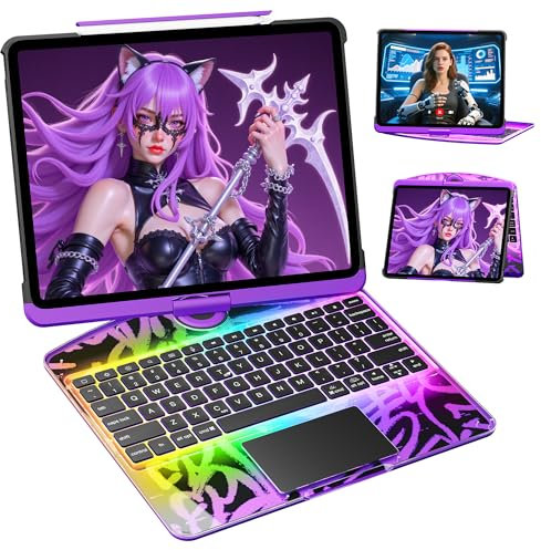 GUSGU Transparent Case with Wireless Keyboard only for 2024 iPad Pro 13-in.(M4), 7 Colors Backlight, Trackpad, 360°Rotating Stand for iPad Pro 13, Tech Style