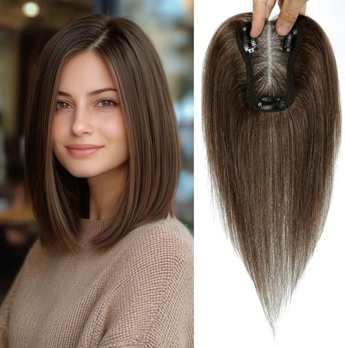 Hair Toppers for Women 10 Inch Hairpieces No Bangs Hairline Topper Wiglets Hairpieces for Thinning Hair Swiss Base Medium Brown(4#)