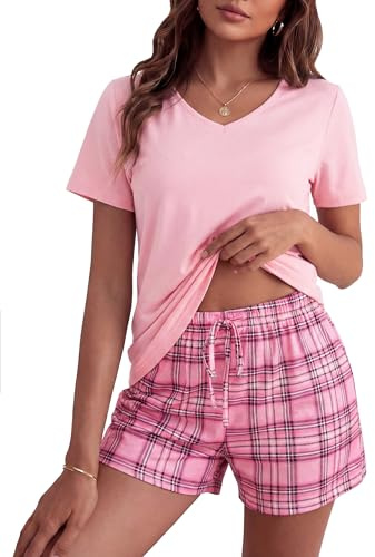 Bresdk Pyjama Femme Court en Coton 2 Pièces Haut Col V Short à Carreaux | Ensemble loungewear d'été doux et respirant en coton. Short à carreaux imprimé avec ceinture élastique, cordon et 2 poches