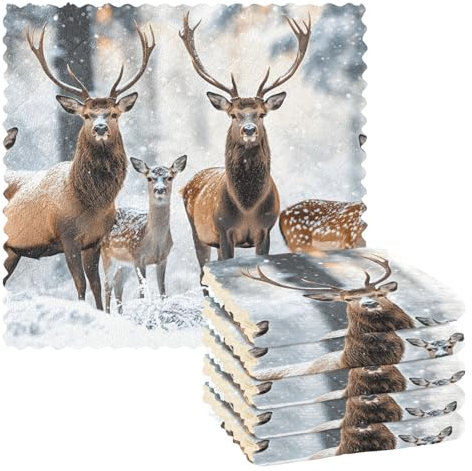 Quteprint Küchen-Geschirrtücher, Winterwald, Hirsch, Elch, Geschirrtücher zum Trocknen von Geschirr, saugfähige Reinigungstücher, Waschlappen, wiederverwendbare Geschirrtücher für Küche, Bad, Büro