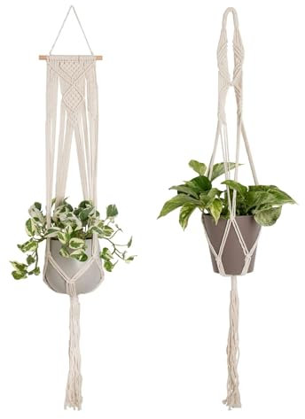 Makramee Blumenampel Hängend Innen, 2er Set Boho Deko Makramee Hängeampel mit Haken, Baumwollseil Blumentopf Hängend, Boho Zimmer Deko Aesthetic, Hängepflanzen Topf für Balkon Fenster Deko (Creme 2)