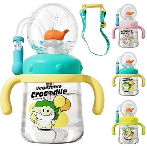 Generisch Wal-Brunnenbecher mit Henkel, 2025 Neuer 300-ml-Trinkbecher mit lustigem Springbrunneneffekt, auslaufsichere, süße Wasserflasche mit Deckel und Strohhalm, Tritan-Trinkhalmbecher (Grün)