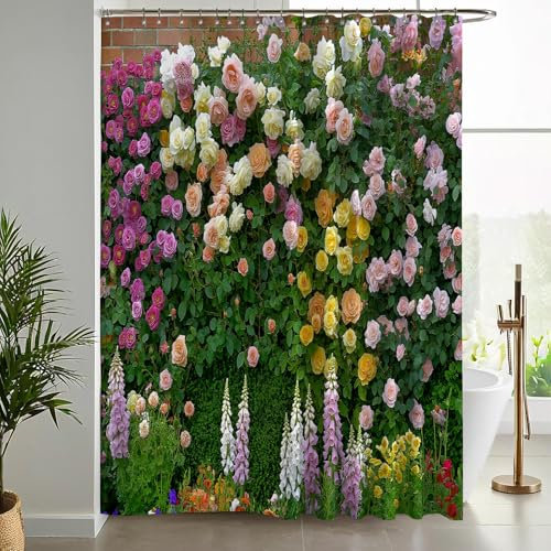 NAWVNMI English Garden Shower Curtain, Rose Wall, Quick-Drying Polyester Waterproof Bath Shower Curtain Bathroom Decor with Hooks, 180 x 180 cm / 71x71 Inch (Color)