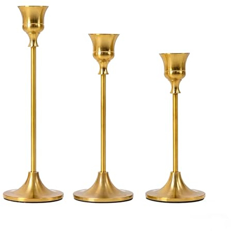 SYTHAK 3 Stück Kerzenständer Gold,Vintage Kerzen Ständer für Abendessen Hochzeit Haus Tischdeko Kamindekoration Kerzenschein.Kerzenhalter Stabkerzenhalter Stabkerzen mit Höhen von 22/18.7/14.5 cm