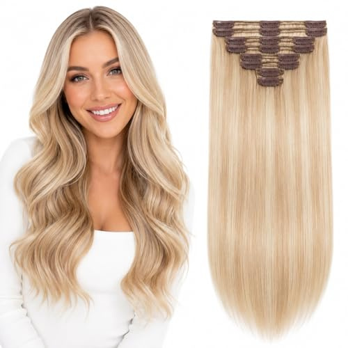Elailite 24 Inch Clip in Hair Extensions Real Human Hair Double Weft Thick 170 g Remy Natural Hair 8 Pieces Full Head Straight Highlighted - #18/613 Ash Blonde Mix Bleach Blonde