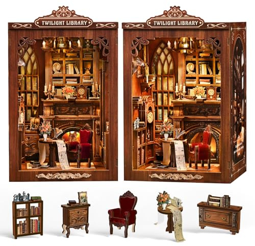FIVAVA Book Nook Kit für Erwachsene - 3D Holzpuzzle Miniatur Haus, DIY Puppenhaus Häuser,Bücherecke Bücherregal Deko mit LED-Licht, Kreatives Geschenk für Buchliebhaber,Frauen, Teenager