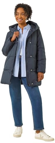 Roman Petite Hooded Quilted Puffer Coat for Women UK - Ladies Everyday Autumn Winter Round Neckline Comfy Soft Evening Vacation Work Party Night Out - Petite Navy - Size 12