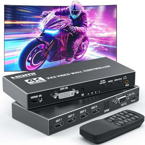 Video Wall Controller 4K 2X2 TV Wall Processor with HDMI+DVI+RS232 Input Support 180° Rotate 4 HDMI Output Support Images Stitching 1x2 1x3 1x4 4x1 etc