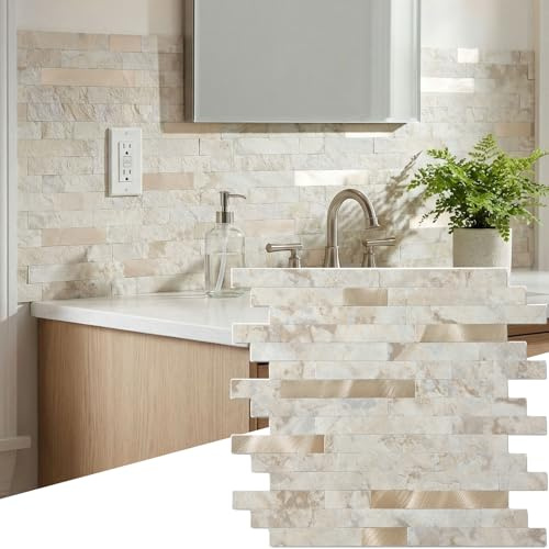Yipscazo 2026 New Upgrade 11.34 X 11.57 Peel and Stick Backsplash, Stick on Backsplash Tiles for Kitchen, Bathroom, Fireplace (10 Sheets, Beige Rocks + Rose Gold)