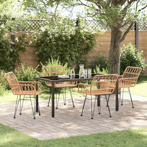 QJBSAVVA Gartenmöbel Set 5-TLG Braun Poly Rattan Esstisch & 4 Stühle Modernes Design Langlebig UV-Beständig Garten Essgruppe für Balkon Terrasse Lounge