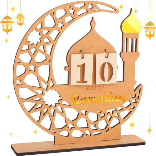 DPKOW Calendario dell'Avvento di Ramadan in legno, decorazioni per la casa durante il Ramadan, decorazioni da tavolo per feste islamiche musulmane, calendario con mezzaluna e moschea