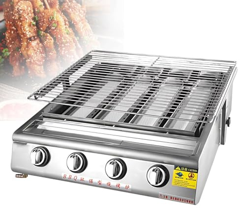 Barbacoa de Gas de Sobremesa Acero Inoxidable 304, 4/8/10 Quemadores con Tapa, Altura de Rejilla Regulable, Parrilla Profesional para Balcón y Camping, Butano 2800Pa(4 Burner)