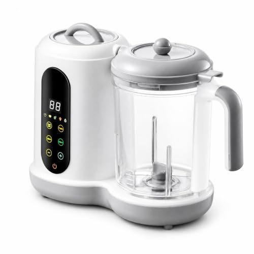 Milageto Kinder Mixer Babybrei Zubereiter Dampfgarer Küchenmixer Püriergerät mit Stabilem Stand Transparenter Schüssel Und Intuitiver ein Knopf Bedienung für Babynahrung Beikost Familienküche