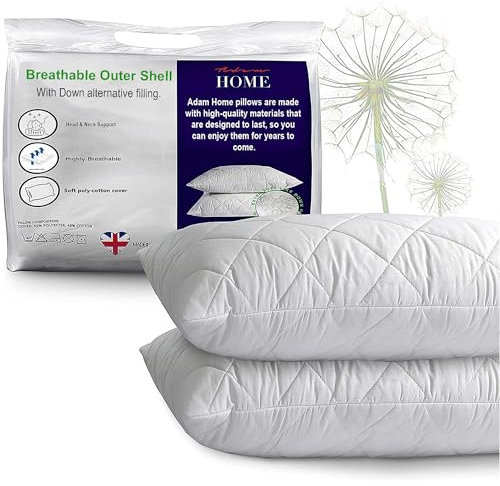 Adam Home Pillows 2 Pack Hotel Quality with Quilted Cover Hypoallergenic & Dust Mite Resistant Filling – Ideal for Stomach, Back and Side Sleepers Down Alternative Hotel Pillows