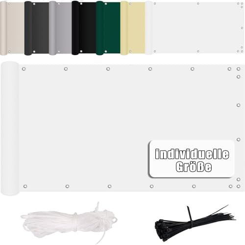MENGH Balkonbespannung 90x300cm, Balkonverkleidung Sichtschutz, Witterungsbeständig und Wasserabweisend, mit Ösen, Nylon Kabelbinder und Kordel Deko für Balkongeländer, Terrasse & Garten Weiß