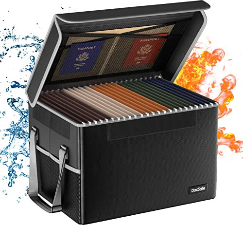 DocSafe Fireproof File Box with Lid Collapsible Document Storage Box for Letters/Legal Documents Portable Home Office with Handle Black