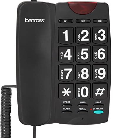 Benross 44579 Jumbo Button Landline Telephone for Elderly and Disabled / LED Light / Easy to Read Buttons / Adjustable Volume / Hands Free Speaker / Desk & Wall Mountable / Black
