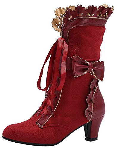 COOLCEPT Donna Vintage Victorian Stivali Cordoncino Bowknot Medio Tacco a Blocco Steampunk Stivali Claret Numero 40 Asiatico