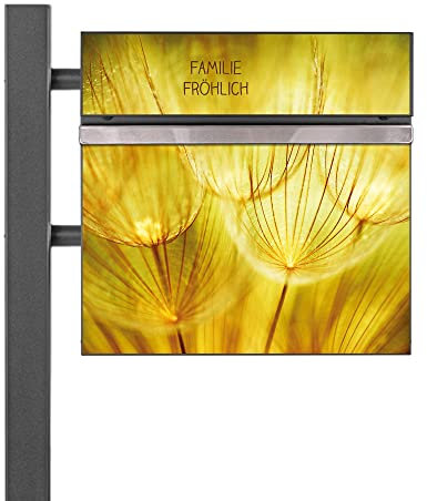 banjado® Standbriefkasten Anthrazit mit Namensschild Pusteblumen Gold & Zeitungsfach/Briefkasten mit Standfuß in Anthrazit/Postkasten A4 Einwurf inkl. Montagematerial & 2 Schlüsseln
