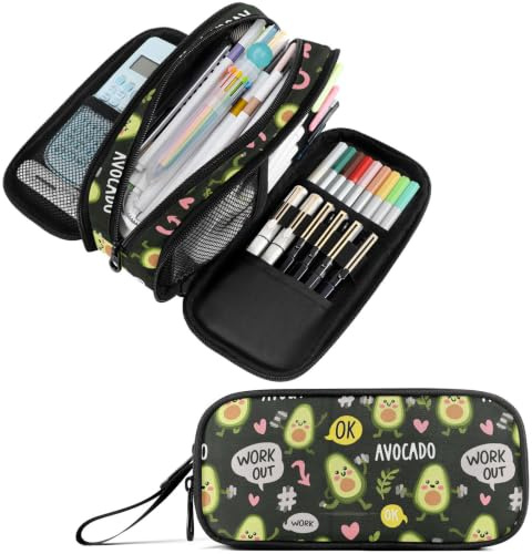 Fustylead Süßes Avocado-Federmäppchen, Schreibwaren-Tasche, 3 Fächer, Schule, Uni, Büro, Schreibtisch, Organizer, Aufbewahrungstasche, Make-up-Tasche für Teenager, Jungen, Mädchen, Studenten, Schwarz