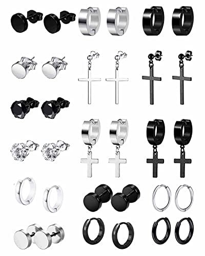 16Paar Edelstahl Punk Creolen Ohrringe für Herren Damen Kleine Kpop Huggie Ohrringe Gothic Hoop Schwarze Ohrringe Runde Zirkonia Kreuz Creolen Huggie Ohrring Ohrstecker Schwarz Silber