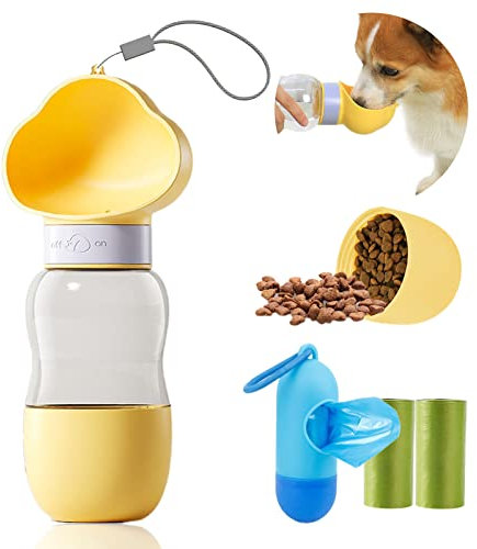 Hund Wasserflasche, Praktischer Hundewasserspender, Lecksichere Puppy Wasserschale, Haustier Wasserflasche mit Hundefutter Behälter, Hundekotbeutel mit Spender zum Gehen, Wandern und Reisen. (gelb)