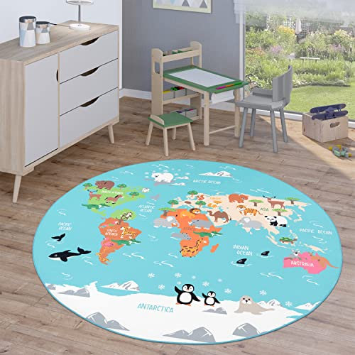 Paco Home Kinderteppich Teppich Rund Kinderzimmer Spielteppich Straßenteppich Modern rutschfest Junge Mädchen, Grösse:200 cm Rund, Farbe:Türkis