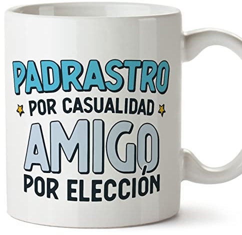 MUGFFINS Tazas para PADRASTRO - En Español - Por Casuaildad Amigo Por Elección - 11 oz / 330 ml - Regalo original y divertido