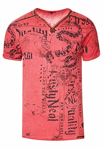 Rusty Neal T-Shirt Herren S M L XL XXL 3XL Wildlederband mit Zier-Nieten V-Neck Verwaschen Used-Look Regular Fit Skull X Wings X Snake Print 297, Farbe:Rot, Größe S-3XL:S