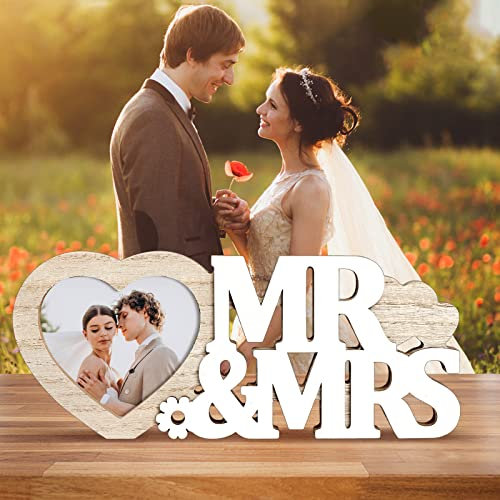 LOHAME Mr & Mrs Bilderrahmen Hochzeit Fotorahmen Herz Holzrahmen Hochzeitsgeschenke Portraitrahmen Vintage Wechselrahmen für Hochzeitsdeko Jahrestag Brautpaar (25 x 10,5cm)