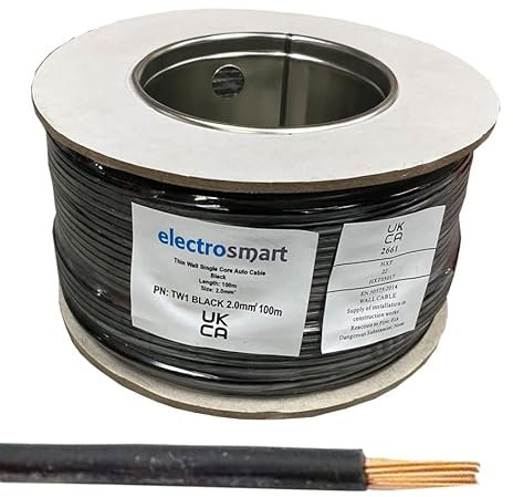 electrosmart 12V 24V 2mm² 25 Amps Single Core Copper Automotive Auto Car Marine Stranded Thin Wall Cable/Wire Red or Black (Black, 100m)