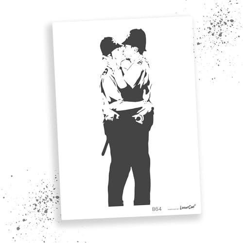 LaserCad Schablonen BANKSY Streetart (B064, Kissing Coppers, DIN A4) Stencil für Graffiti, Airbrush, Kunst, Deko, zum Malen