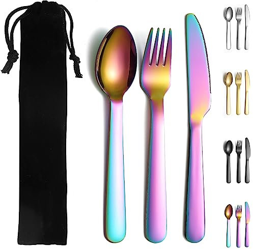 Evanda Juego de cubiertos portátiles Rainbow, incluye cuchara de tenedor de cuchillo, cubiertos de camping de titanio colorido con bolsa, para exteriores, picnic, camping, viaje, lavaplatos seguros