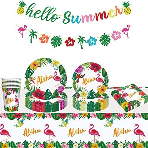 PIUMOJ Hawaiian Party Geschirr, Flamingo Partygeschirr Set, Hawaiian Partyzubehör Set, Pappteller, Servietten, Tischdecke, Sommerparty Geschirr, Hawaiian Party Tableware, 10 Gäste