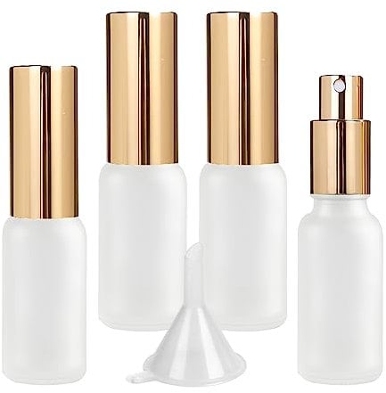 LusDoly Pack of 4, Empty 20ml Frosted Transparent Glass Fine Mist Atomiser Bottles with Gold Sprayer Water Spray Bottles Perfume, Aromatherapy, Cosmetic Travel Containers 2x Funnel