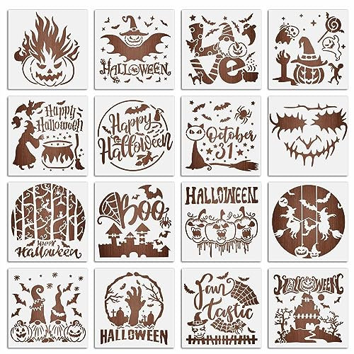 MWOOT 16 Stück Halloween Schablonen zum Malen auf Holz, Halloween Stencils, Wiederverwendbare DIY Malvorlage Gnome Kürbis Design, Malen von Schablonen für Kunsthandwerk Wandkunst Dekoration (20x20CM)