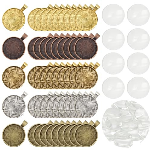 Sixfolo 100 Pcs Bandejas Colgantes y Cabujón de Cristal Transparente 25mm Colgante Bandeja Bisel Blanco de Aleación Zinc Cabujones de Vidrio Redonda para Joyería Collares Foto Llavero,5 Colore