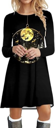 Damen Kleid Weihnachten Lässiges Fließendes Einfaches Swing-T-Shirt-Kleid für Damen Lockeres Tunika-Kleid Casual Kleider Damen Weihnachtskleid Damen Weihnachten Rot Weinglas Druck Partykleid