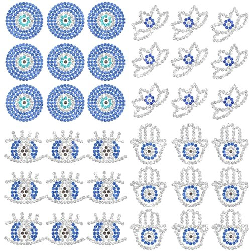 CREATCABIN 36Pcs Blue Evil Eye Rhinestone Iron on Decal Bling Lotus Hamsa Hand Iron on Transfers Patches Decals Hot fix Appliques Heat Transfer Glitter for T-Shirt Bags Clothes Letters Hats 3.9Inch