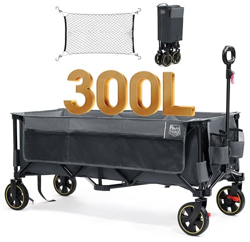 TIMBER RIDGE XXXL Bollerwagen Faltbar 300L 160KG Belastbar mit Netze als Fallschutz Transportwagen mit Bremse Seitentasche Getränkehalter verstellbarem Griff, Gartenwagen Strandwagen für Alle Gelände