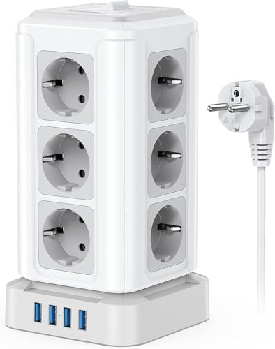 NVEESHOX Mehrfachsteckdose, 12 Fach Steckdosenleiste mit 4 USB, Mehrfachstecker Steckerleiste Überspannungsschutz, Steckdosenturm für Zuhause Büro, 2M Verteilersteckdose mit Schalter