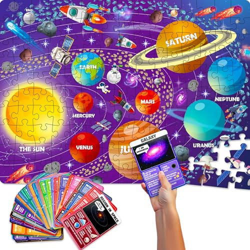 QUOKKA Puzzles For Kids Ages 8-10 Age 3+, 400+ Facts on 50 Double-Sided Flashcards | Learn Space | Education Activity Gift - Shaped Puzzles for Toddlers 4-6