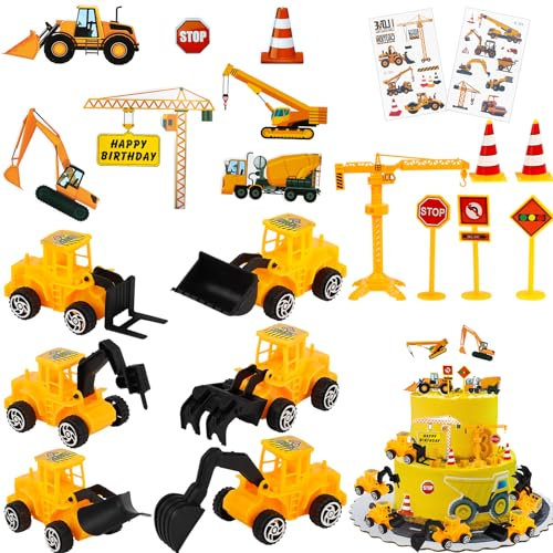 Huanmin Party Bagger, Kuchen Deko Baustelle, Tortendeko Kindergeburtstag, Baustelle Kinder Cake Deko Set, Verkehrsschilder Kinder Bagger Deko Kuchen, Minibagger für Kinder Jungen Mädchen 2 Jahren