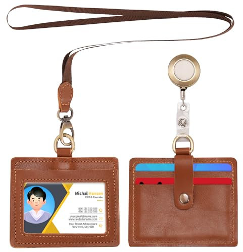 Wonderpool Porta Badge Orizzontale in pelle con cordino staccabile e clip retrattile, porta carte d'identità Porta carte d'identità per badge identificativi e patente di guida (Marrone)